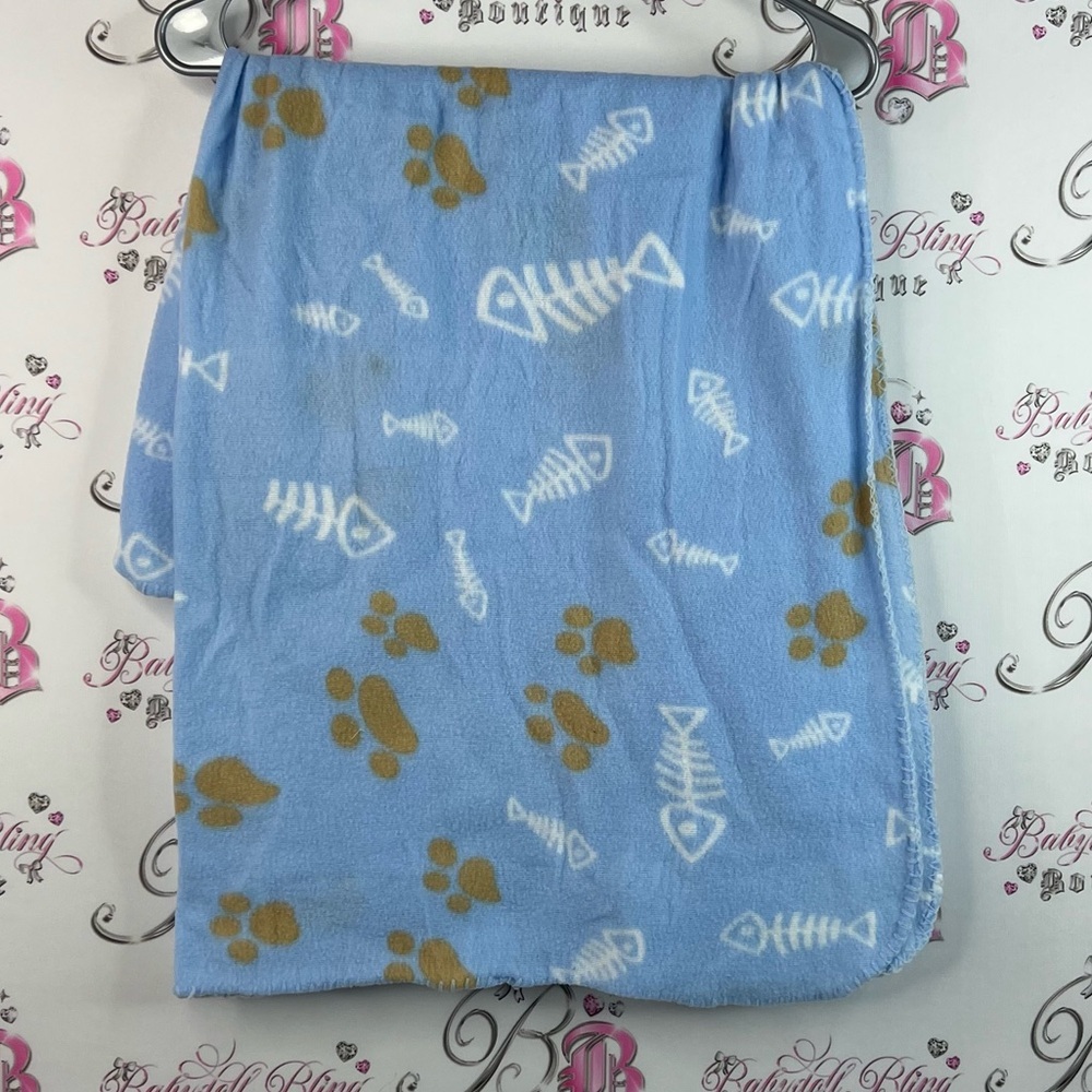 Blue Pet Blanket with Fish and Paw Prints skulls light baby blue white brown